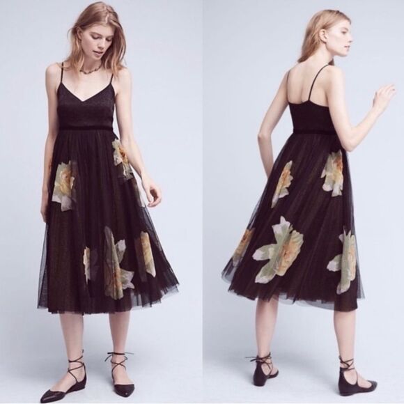 Moulinette Soeurs Anthropologie Black Floral Tulle Midi Dress Saffron Size 4 - Picture 1 of 8